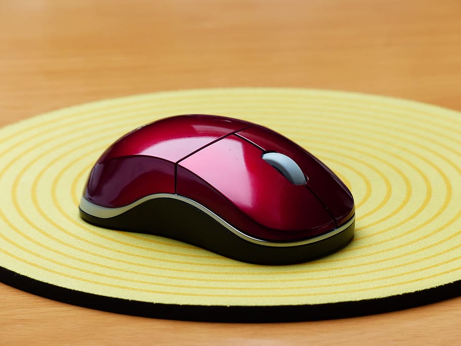 red, wireless, computer mouse, computer, input device, mouse pad, mouse, peripheral, hardware, shiny