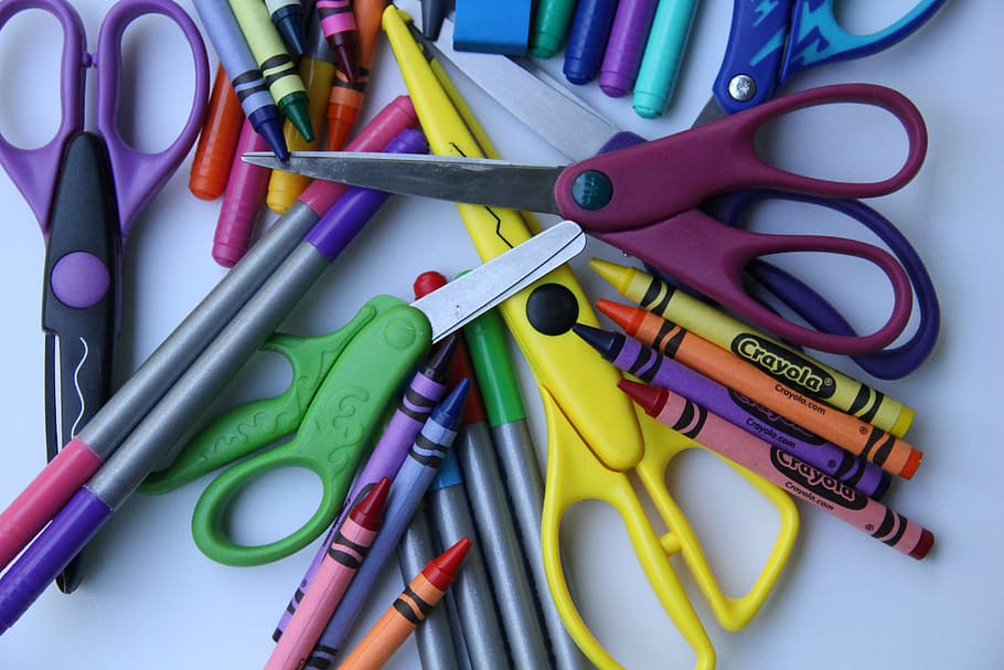 assorted-color scissors, crayola crayons, school supplies, back to school, arts and crafts, education, elementary, eraser, colorful, scissors
