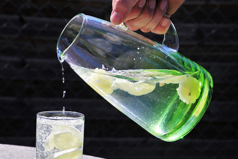person, pouring, clear, glass pitcher, glass detox water, jug, water, desire, boiling hot, garden