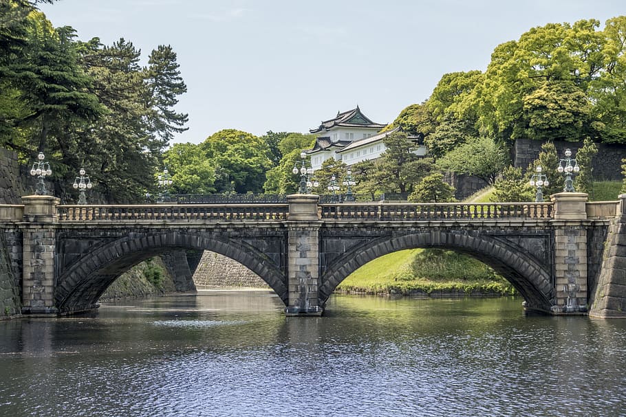 concrete, surrounded, trees, Castle, Japan, Bridge, Palace, Japanese, landmark, asia