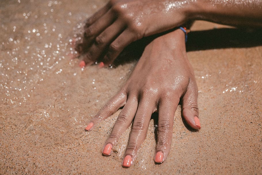 person, lying, beige, sand, body, water, sea, beach, suntan, hand