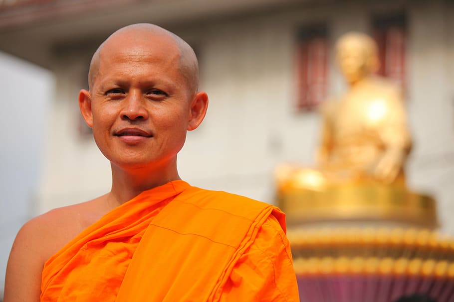 monk, buddhists, bald, rose petals, tradition, ceremony, robe, orange, people, thailand