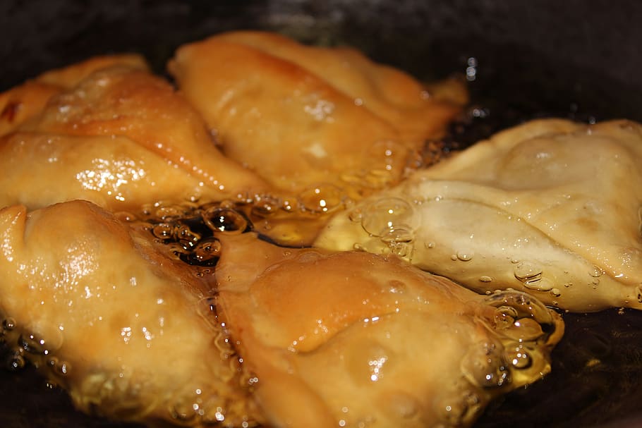 samosa, fry, oil, cooking, cuisine, food, indian, hot, fried, crispy