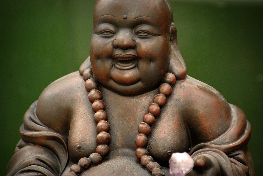brown, budai figurine, green, background, Zen, Buddha, Reflection, Brightness, aura, peace