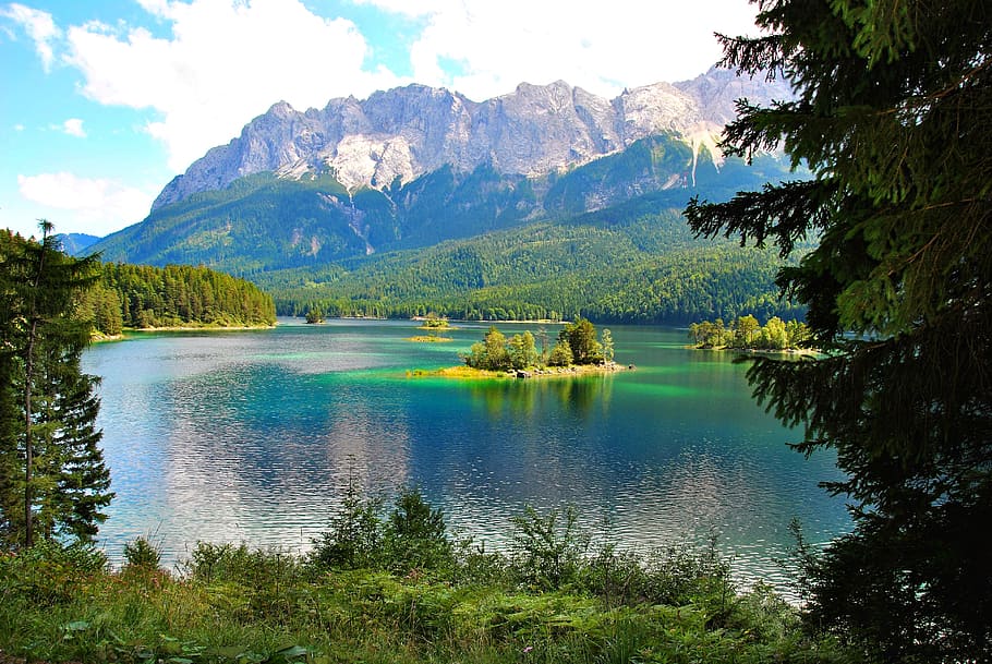 zugspitze, eibsee, vacations, romantic, nature, panorama, scenics - nature, beauty in nature, water, mountain