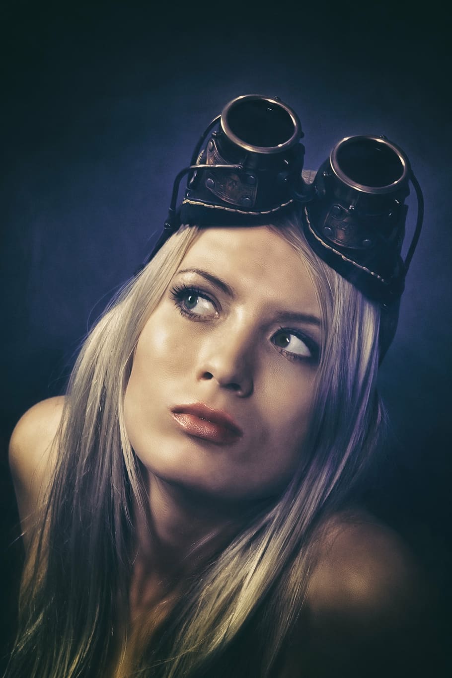 woman, looking, left, side, aviator, view, portrait, gogly, eyes, person