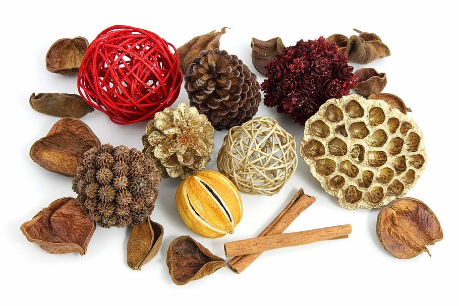 assorted, ornament lot, white, surface, red, beige, brown pine, pine cone, stick, leafs