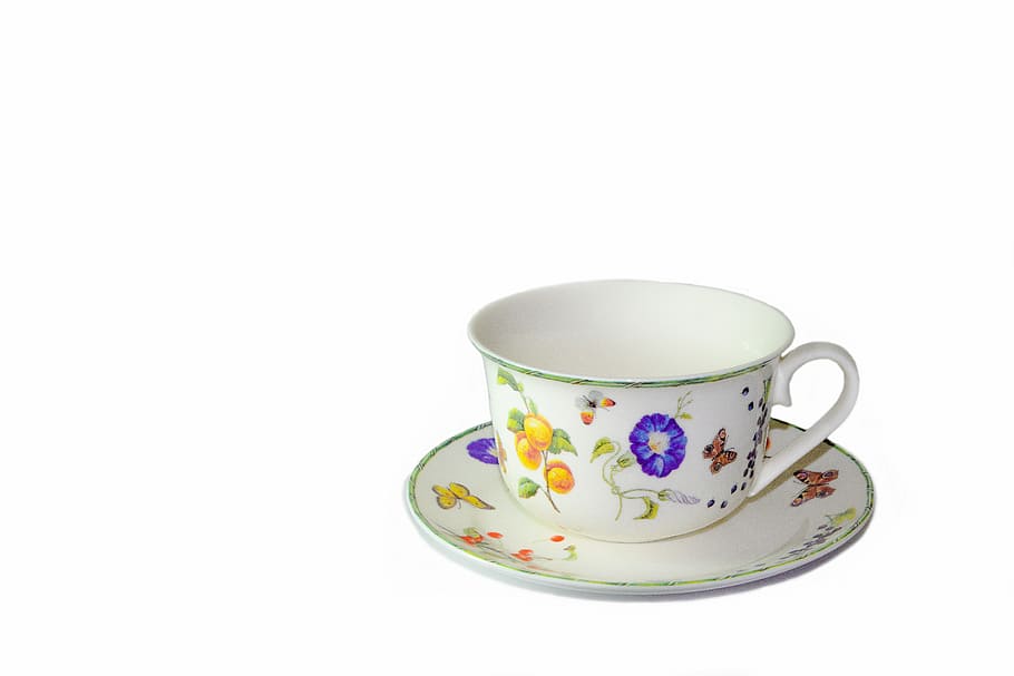 white, blue, floral, ceramic, cup, saucer, porcelain, tableware, tee, teacup