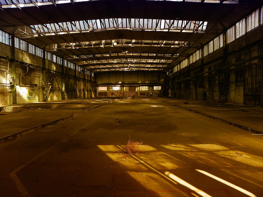 ruang kosong, aula industri, gedung pabrik, aula, pabrik, kehancuran, industri, murtad, pabrik tua, bangunan