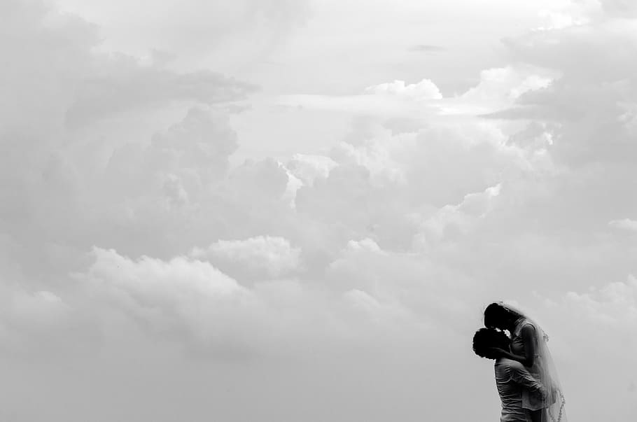 man, carrying, woman, clouds, daytime, silhouette, couple, black, white, love