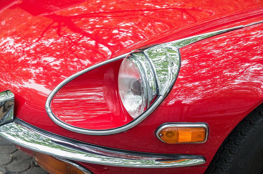 auto, jaguar, spotlight, vehicle, chrome, oldtimer, blinker, bumper, front headlight, red