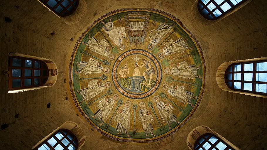 basilika, mosaik, plafon, agama, Arsitektur, baptisan, Kristen, Kekristenan, Bizantium, warna