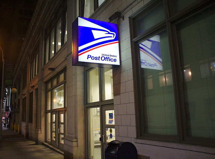 post office, lighted, signage outsite, usps, building, nyc, city, logo, united states postal service, delivery
