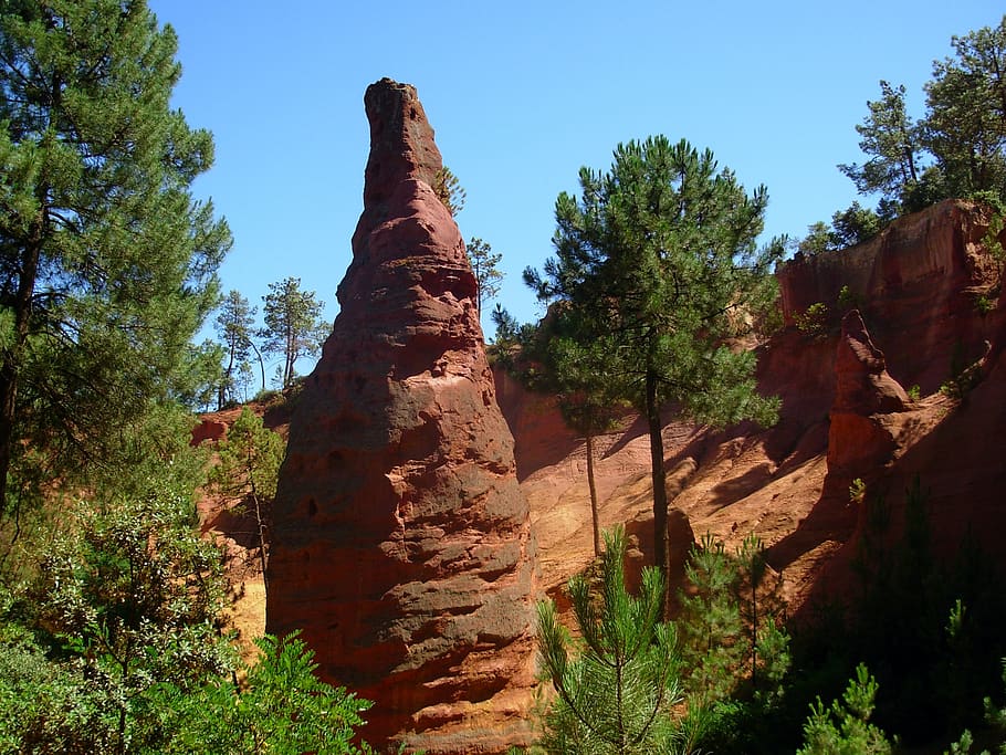 france, ochre, roussillon, provence, nature and landscape, plant, tree, rock, rock - object, rock formation