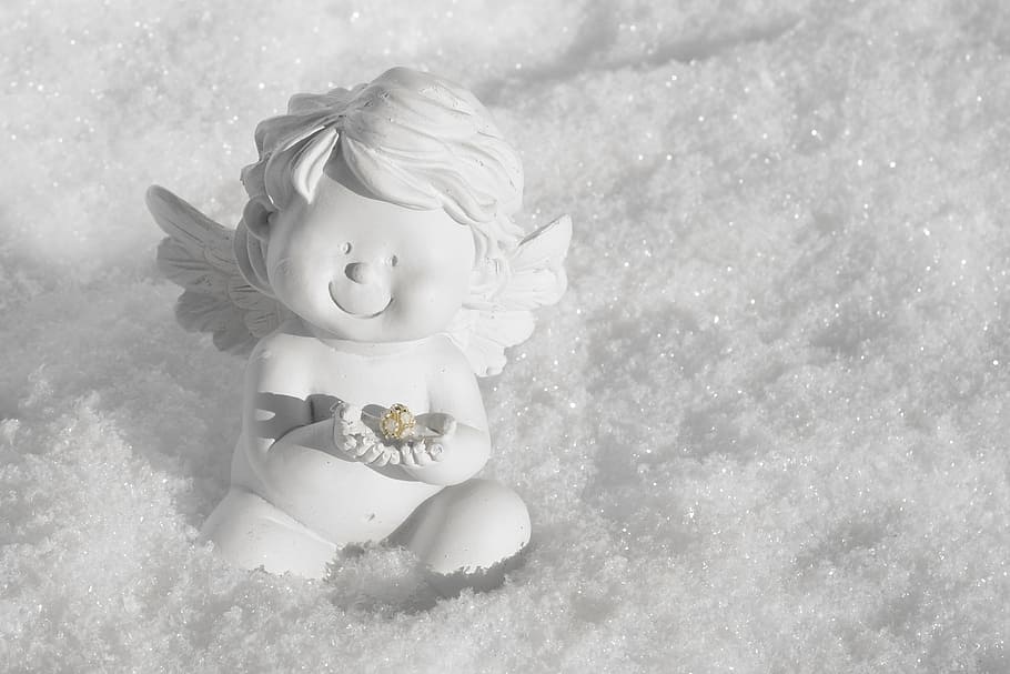 kerub, putih, keramik, arca, duduk, salju, malaikat, malaikat pelindung, malaikat natal, sayap