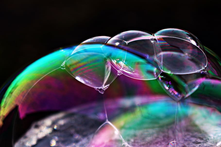 soap bubble, iridescent, bubble, colorful, water, multi colored, studio shot, black background, close-up, fragility