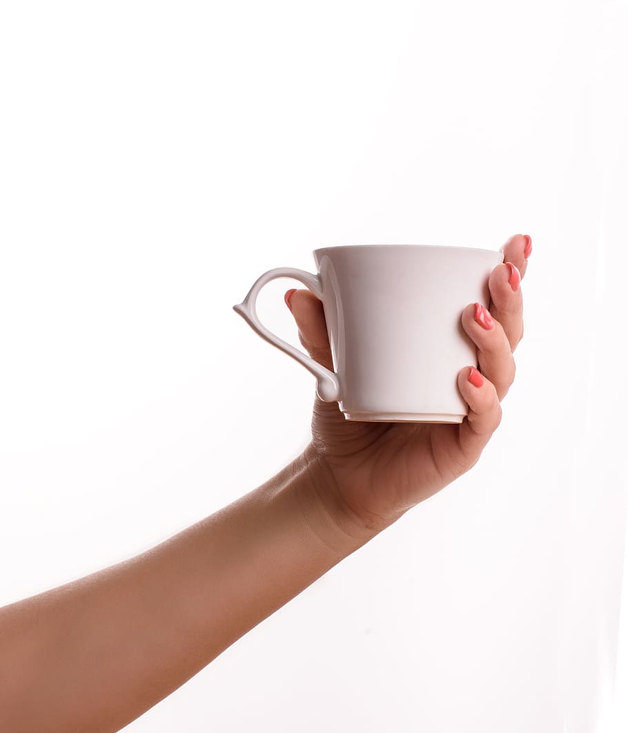 ティーカップ, 白い背景, カップ, コーヒー, 手, 朝食, 白, 背景, 女性を持っている人, 人間の手