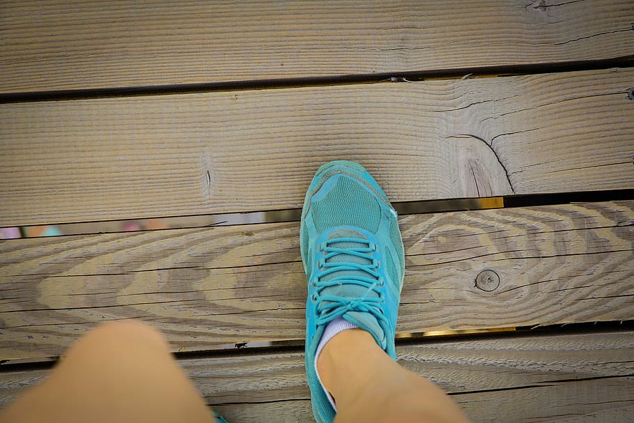 person, wearing, teal, running, shoe, run, go, sports shoes, blue, brand