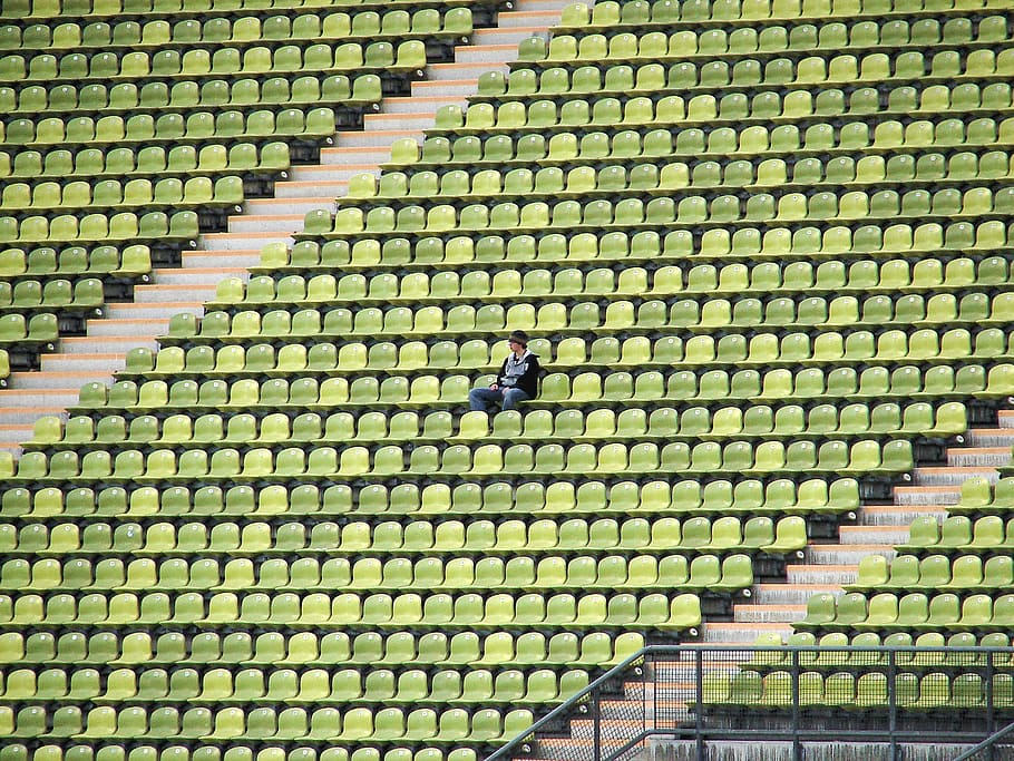 person, sitting, alone, green, gang chair, woman, gang, chair, stadium, football