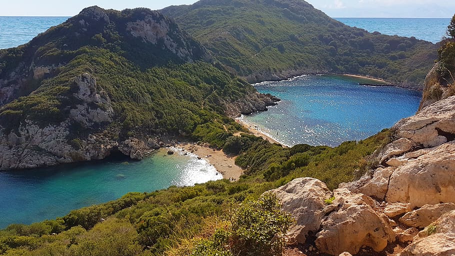 twin bay, porto timu, afionas, greece, corfu, bay, sea, beach, water, beauty in nature