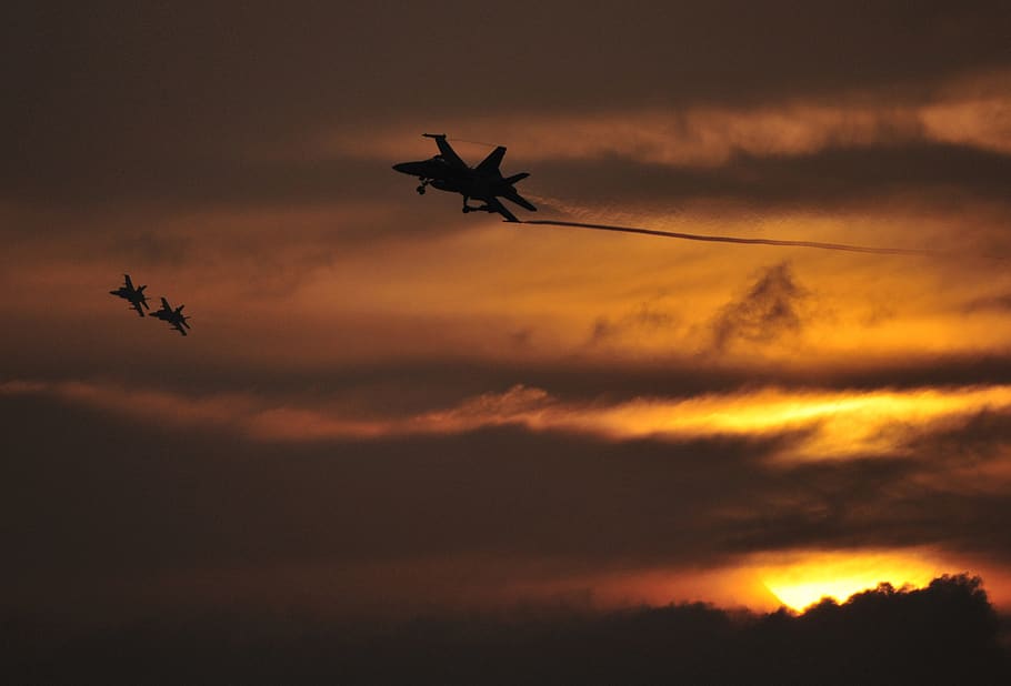 jets, fighters, aircraft, airplanes, military, sunset, evening, silhouettes, dusk, planes