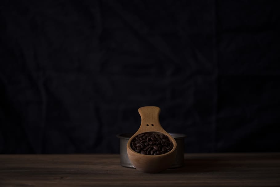 dark, room, table, wooden, scoop, coffee, beans, wood - material, black background, indoors