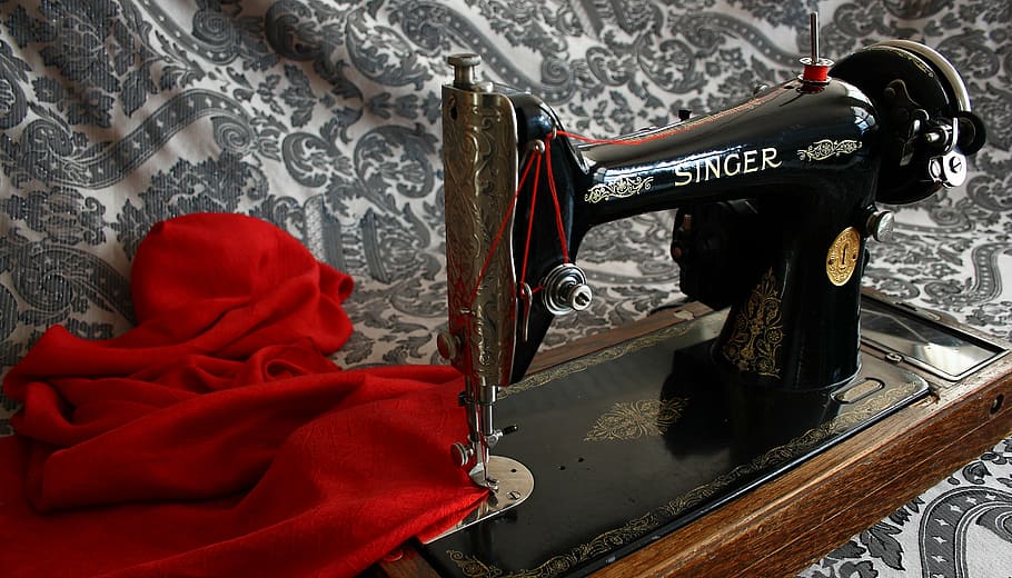 black, brown, singer sewing machine, red, textile, sewing machine, antique, vintage, day, close-up