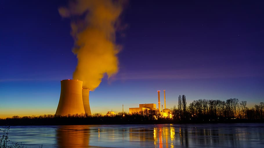 nuclear power plant, rhine, night, sunrise, cooling tower, river, power supply, technology, mood, steam