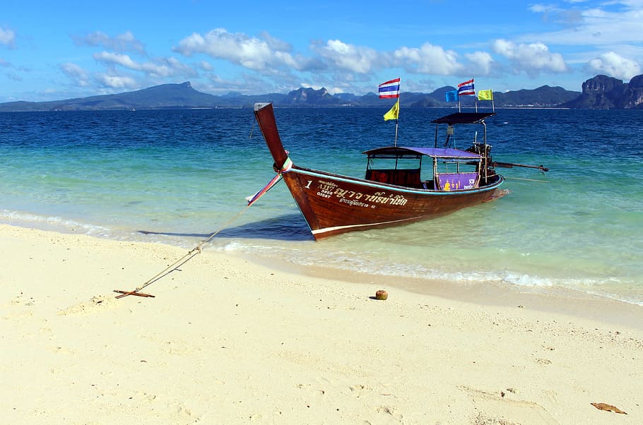 Poda Island, Thailand, South East Asia, longtailboat, sea, water, beach, nautical vessel, sand, beauty in nature