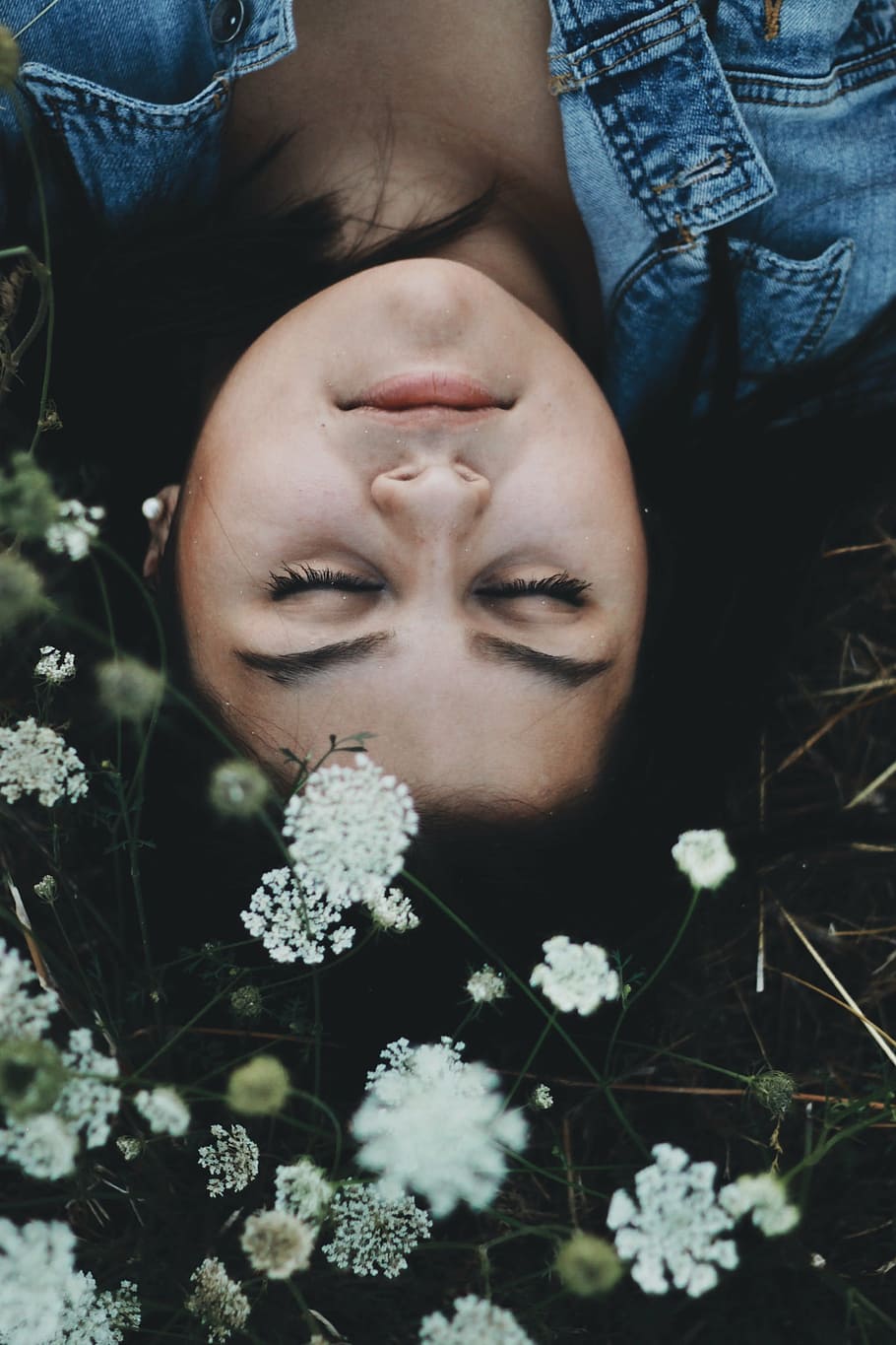 woman, lying, white, flowers, closed, eyes, people, girl, face, flower