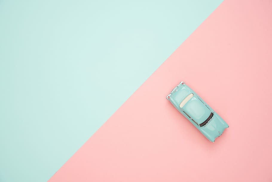 classic, teal car die-cast model, toy car, pastel, colorful, blue, pink, miniature, retro, colored background