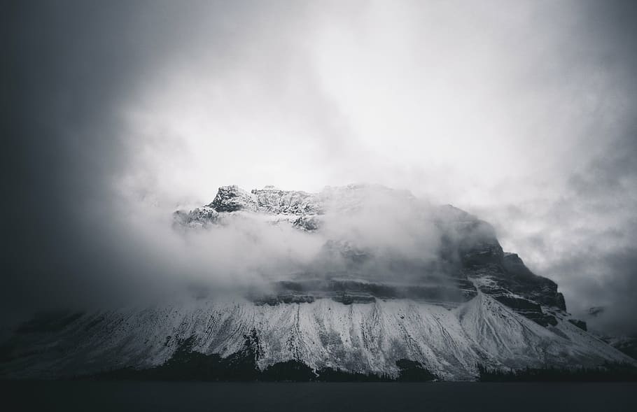 grayscale photography, mountain, gray, scale, cloudy, days, highland, volcano, clouds, fog