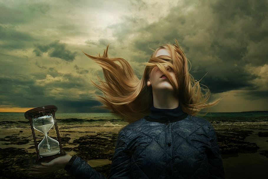 woman, holding, sand hour glass, seashore, nimbus clouds, time, fantasy, dark, gothic, girl