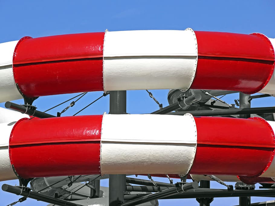 red, white, flume pool, blue, sky, Tubes, Pipes, Painted, hydroslides, water slides