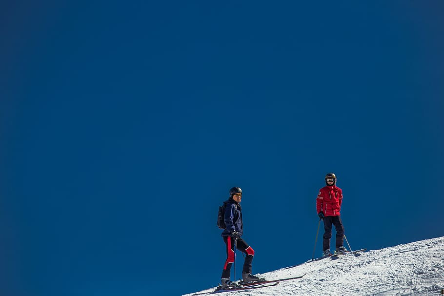 dua, orang, berdiri, tertutup salju, lereng, pemain ski, Ski Area, Ski, Musim dingin, istirahat