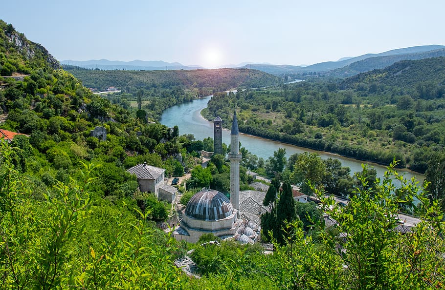 počitelj, bosnia, bosnia and herzegovina, mosque, minaret, river, tree, balkans, panorama, town