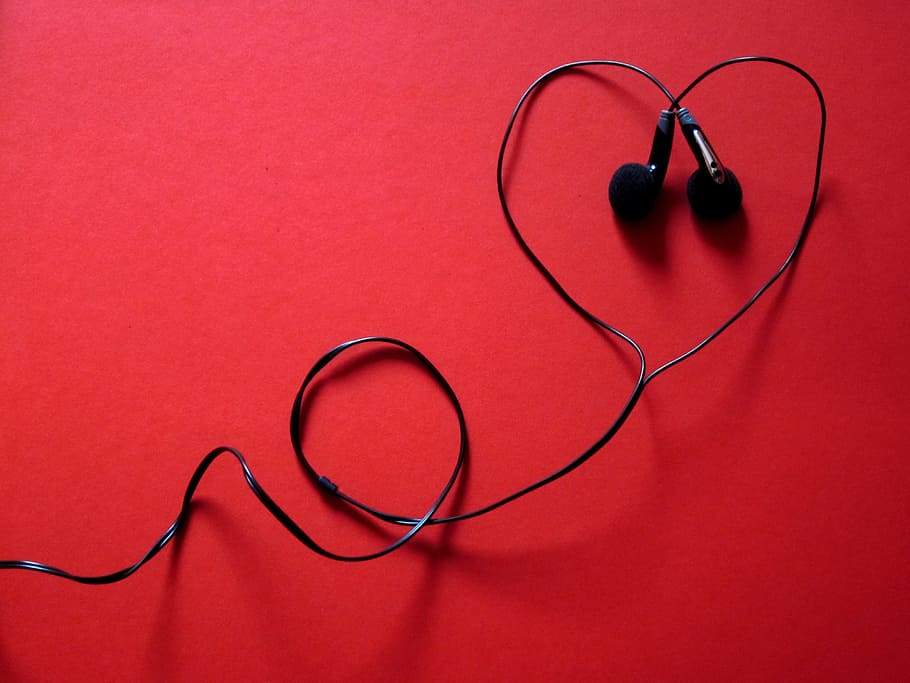black, corded, earphones, red, surface, headphones, audio, songs, mp3, music