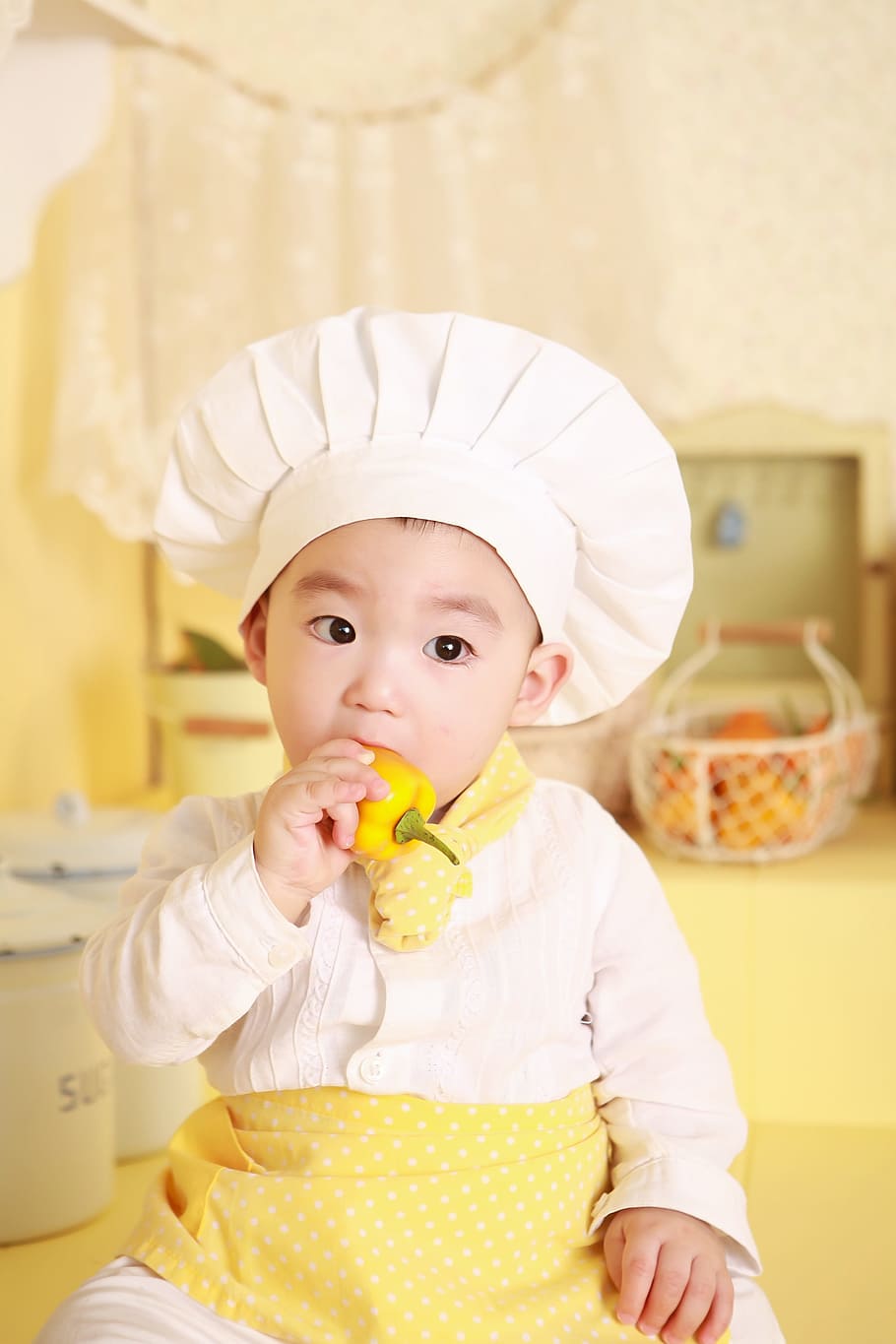 selectivo, enfoque de fotografía, niño, disfraz de chef, cocina, bebé, solo, chef, infancia, lindo