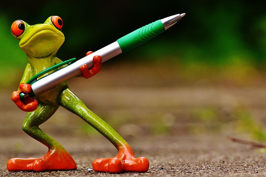 green, ceramic, frog figurine, holding, silver click pen, frog, holder, pen, keep, cute