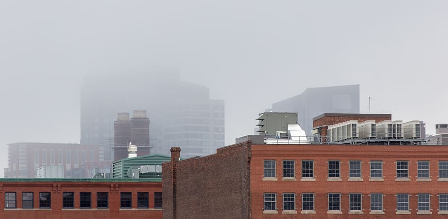 cidade, nevoeiro, edifícios, névoa, tijolo, tempo, clima, ar, nublado, urbano