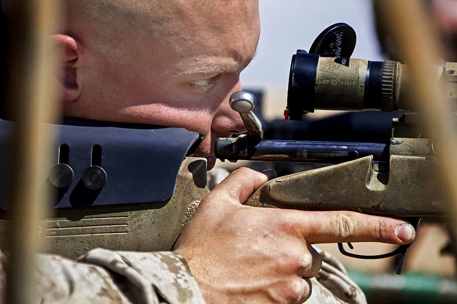 man, weapon, rifle, sniper, concentration, macro, close-up, military, marine corps, sighting