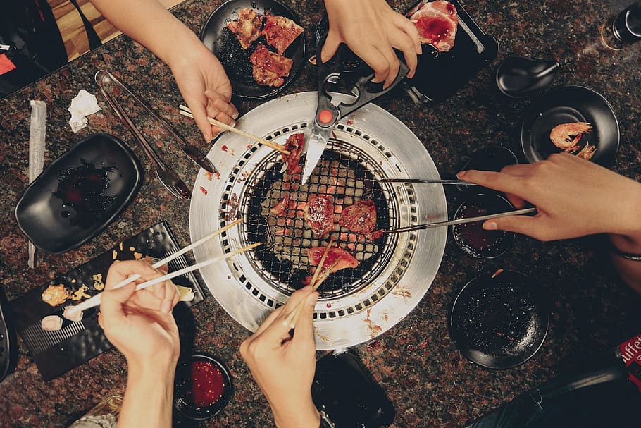 group, five, people grilling meat, tabletop grill, group of five, people, grilling, meat, tabletop, grill