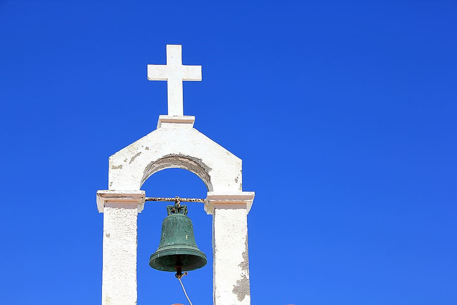 black, bell, mounted, cross, steeple, sky, church, architecture, faith, religion