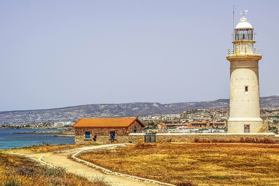 lighthouse, view, sea, path, landscape, mediterranean, archaeological park, paphos, cyprus, built structure