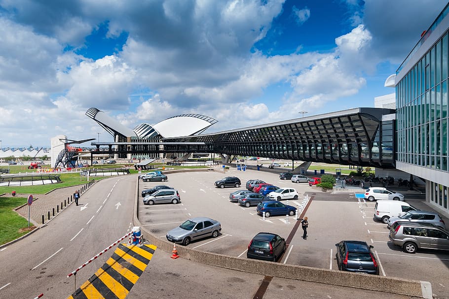 Aeropuerto, Satolas, Lyon, Francia, Calatrava, arquitectura, transporte, coche, vista de ángulo alto, nube - cielo