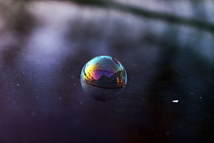 Bubble, Silk, Iridescent, silk bubble, reflection, rainbow, fragility, selective focus, multi colored, sphere