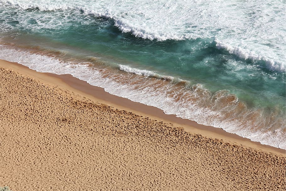 aérea, fotografia, beira mar, dia, branco, areia, praia, água, ondas, costa