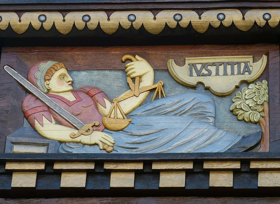 man, holding, sword illustration wall art, hildesheim germany, lower saxony, historically, old town, facade, truss, fachwerkhaus