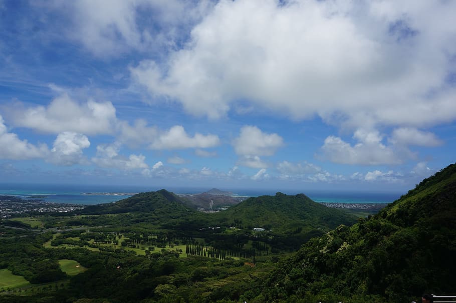 사진, 녹색, 언덕, 화이트, 구름, 낮, 하와이, 바람, 호놀룰루, 여행