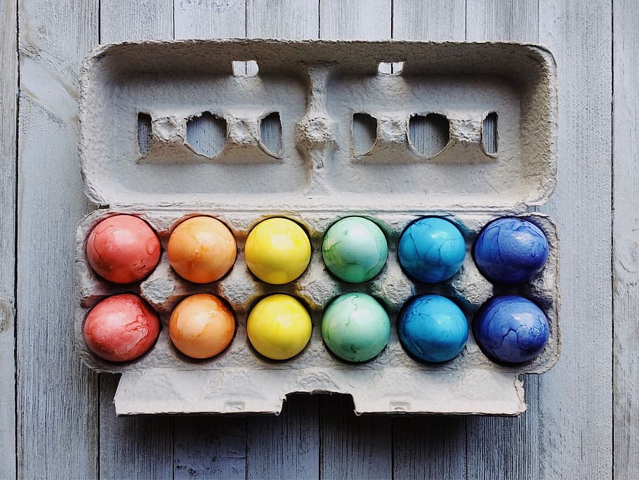 surtido de colores, oriental, lote de huevos, bandeja, huevos, pascua, huevos de pascua, primavera, colorido, abril